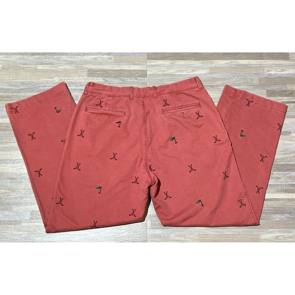 J Crew Mens Chino Pants 34x30 Pink Straight Fit Golf Club / Flag Embroidery